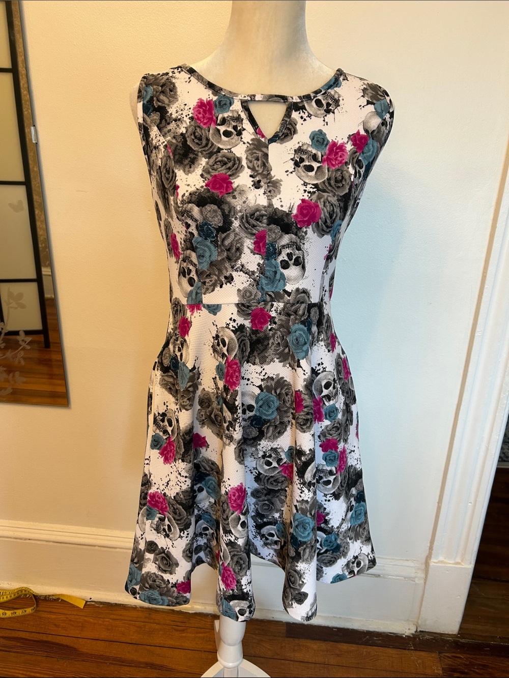 Hot Topic White Dress with Pink and Teal Floral & Skull Print